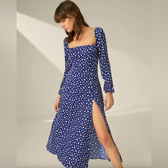 Square Neck Long Sleeve Patterned Slit Dress - Picture 3 of 4